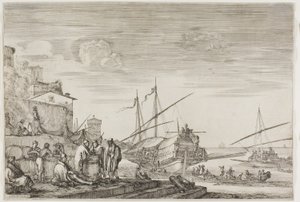 Ansichten des Hafens von Livorno: Häuser mit Blick auf einen Hafen von Stefano della Bella