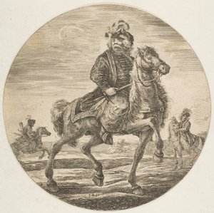 Ungarischer Reiter reitet nach rechts, andere Reiter im Hintergrund von Stefano della Bella