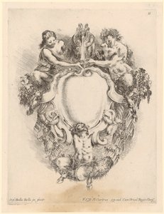 Kartusche mit drei Satyrn und einem Weinkrug von Stefano della Bella