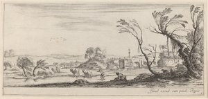 Landschaft mit Bauer, der sich auf das Überqueren eines Baches vorbereitet, um oder vor 1647 von Stefano della Bella