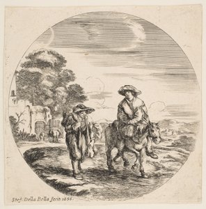 Landschaft mit zwei Bauern, einer reitet auf einem Pferd, aus Landschaften und Seehäfen Paysages ..., 1656 von Stefano della Bella