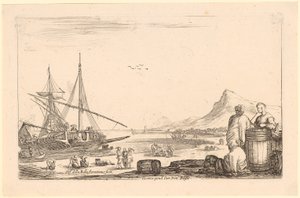 Links eine Galere, rechts drei Galerensklaven bei einem Fass, Blatt 7 der Folge "Verschiedene Figuren" von Stefano della Bella