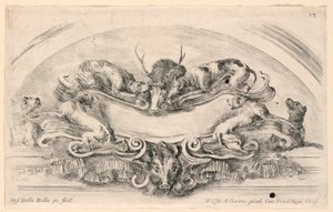 Lunette mit Wappen, Nr. 13 aus "Raccolta di varii cappriccii et nove inventioni di cartelle et ornamenti" von Stefano della Bella