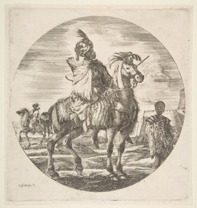 Maurischer Reiter im Profil nach rechts, ein schwarzer Sklave hält rechts einen Pelz, ein anderer ... von Stefano della Bella
