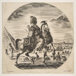 Maurischer Reiter im Profil nach rechts, im Hintergrund eine Pyramide links, viele Figuren, ca. 1651