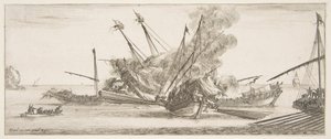 Seekampf, ein Schiff in der Mitte, von hinten gesehen, feuert auf vier feindliche Schiffe, ein weiteres, ca. 1641 von Stefano della Bella
