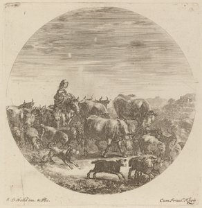 Bauer auf einem Pferd mit Kühen, Schafen und Ziegen von Stefano della Bella