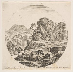 Tafel 10: ein liegendes Pferd in der Mitte, eine Kuh und zwei Ziegen rechts, zwei sitzende Schäfer..., ca. 1646 von Stefano della Bella