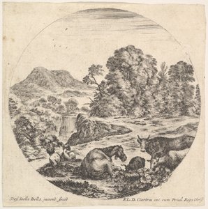 Tafel 10: Ein liegendes Pferd in der Mitte, eine Kuh und zwei Ziegen rechts, zwei sitzende Männer, ca. 1643-48 von Stefano della Bella