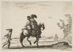 Reiter und Frau, von hinten gesehen, reiten nach rechts mit einem jungen ..., 1642 von Stefano della Bella