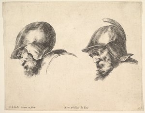 Platte 10: zwei Köpfe alter Soldaten mit Helmen, beide nach links blickend und nach unten schauend..., ca. 1641 von Stefano della Bella