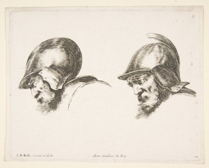 Tafel 10: zwei Köpfe alter Soldaten mit Helmen, beide nach links blickend und nach unten schauend..., ca. 1641 von Stefano della Bella