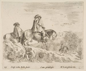 Platte 10: zwei Reiter steigen links einen Berg hinab, ein weiterer Reiter rechts..., ca. 1644-47 von Stefano della Bella