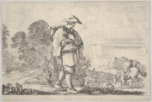 Tafel 11: ein Bauer mit Hut in der Mitte, der nach rechts geht, ein Pferd steigt hinab, ca. 1641