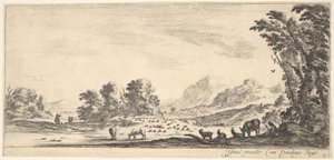 Tafel 11: Schäferin sitzt rechts unter einem Baum und beobachtet ihre Herde links, ca. 1641 von Stefano della Bella