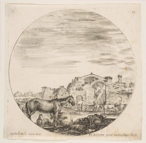 Tafel 12: ein schlafender Hirte auf dem Boden rechts, drei Pferde links, andere Pferde, ca. 1646