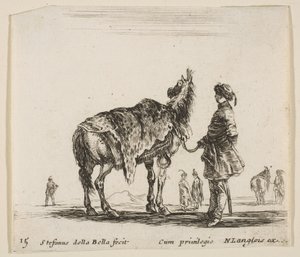 Tafel 15: ein polnischer Edelmann, von hinten gesehen, hält sein Pferd, das in Leopardenfell gehüllt ist, ca. 1644-47 von Stefano della Bella