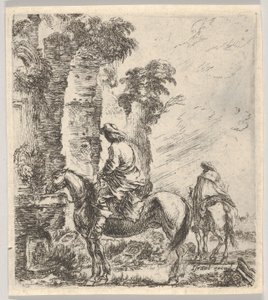 Reiter lässt sein Pferd aus einem Brunnen trinken von Stefano della Bella