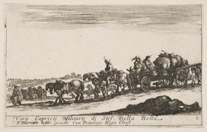 Tafel 1: Ein Pferdewagen, der Menschen und Güter transportiert, totes Pferd im Vordergrund, ca. 1641 von Stefano della Bella