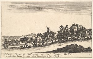 Tafel 1: Ein Pferdewagen, der Menschen und Waren transportiert, totes Pferd im Vordergrund, ca. 1641