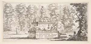 Tafel 1: ein Denkmal mit Statuen und einem Wappen in der Mitte, ein Zeichner auf dem..., ca. 1643 von Stefano della Bella