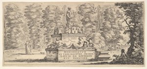 Platte 1: ein Denkmal mit Statuen und einem Wappen in der Mitte, ein Zeichner auf dem..., ca. 1641 von Stefano della Bella