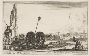 Tafel 2: Eine Kanone links, eine Stadt im Hintergrund, aus Verschiedene militärische Capric...