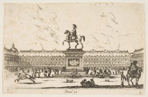 Platte 3: La Place Royale, Reiterstatue von Ludwig XIII. im Profil nach links im Zentrum..., 1642 von Stefano della Bella