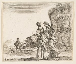 Tafel 3: zwei Mädchen gehen nach links, von hinten gesehen, eine Frau auf einem Pferd von Stefano della Bella