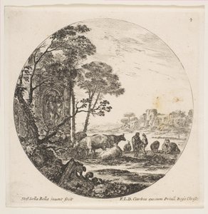 Platte 4: ein korinthisches Kapitell auf dem Boden links, ein Denkmal mit Figuren im Flachrelief, ca. 1646 von Stefano della Bella