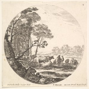 Tafel 4: Ein korinthisches Kapitell auf dem Boden links im Vordergrund, ein Denkmal w..., ca. 1643-48 von Stefano della Bella