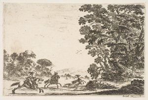Tafel 4: Eine Hirschjagd, zwei Reiter galoppieren nach links hinter drei Hunden und einem Hirsch, 1642 von Stefano della Bella