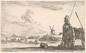 Platte 5: Ein Pikenier steht rechts neben einer Kanone, andere Militärfiguren im Hintergrund, ca. 1641