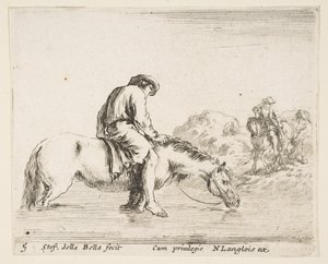 Tafel 5: ein barfüßiger Bauer zu Pferd überquert einen Fluss, ein anderer Bauer zu Pferd..., ca. 1644-47 von Stefano della Bella