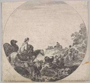 Tafel 5: eine Frau trägt ein Kind auf einem Pferd nach links, ein Kamel folgt ihr, eine Herde von Stefano della Bella