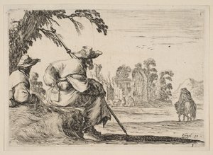 Tafel 5: zwei Pilger mit Hüten ruhen links, von hinten gesehen, ein Reiter reitet nach..., 1642 von Stefano della Bella