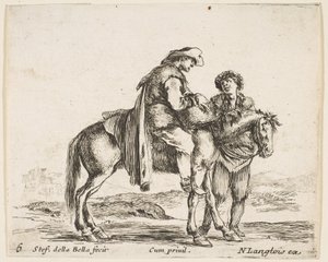 Platte 6: ein Bauer zu Pferd im Profil nach rechts gewandt, hält einen Korb
