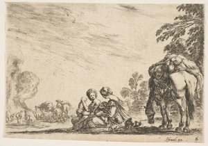 Tafel 6: zwei Frauen, eine stillt ein Kind, sitzen neben einem Hund und einem Pferd mit Packtaschen, 1642 von Stefano della Bella