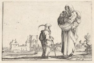 Tafel 7: eine Bäuerin trägt ein Kind nach rechts und spricht mit einem anderen Kind, das steht..., ca. 1642 von Stefano della Bella