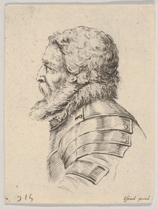 Tafel 7: Büste eines bärtigen Soldaten in Rüstung, nach links im Profil, aus Verschiedene Köpfe, 1650