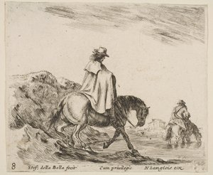 Platte 8: Ein Reiter steigt einen Flussufer hinab, ein anderer Reiter im Fluss rechts, aus ..., ca. 1644-47 von Stefano della Bella