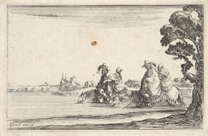 Tafel 8: zwei Reiter mit Hüten rechts, jeder mit einer Frau hinter sich, reitend