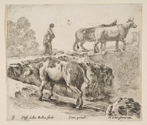Tafel 9: eine Kuh steigt einen Abhang hinauf, eine Bäuerin führt zwei Kühe über eine Brücke, ca. 1644-47 von Stefano della Bella