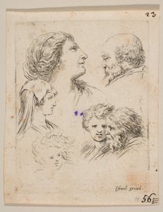 Tafel 9: fünf Köpfe, zwei junge Frauen links, ein bärtiger Mann oben rechts, eine junge Frau..., ca. 1649 von Stefano della Bella