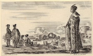 Pole mit gefiedertem Hut und Mantel, nach links gewandt, Blatt 7 der Folge "Verschiedene Figuren und Länder" von Stefano della Bella