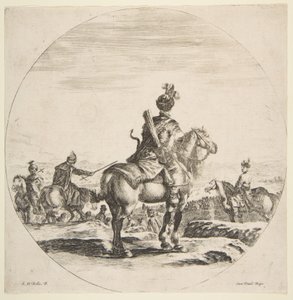 Polnischer Reiter mit Bogen und Pfeil, von hinten gesehen, sein Pferd nach rechts gewandt, ca. 1651