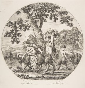 Satyrfamilie geht nach links mit zwei Ziegen und einem Korb Trauben von Stefano della Bella