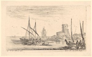 Seestück mit mehreren Schiffen und altem Turm am Strand von Stefano della Bella