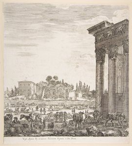 Die Säulen des Tempels des Antoninus rechts, ein Teil des Campo Vaccino in der Mitte und..., 1656