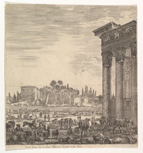 Die Säulen des Tempels des Antoninus rechts, ein Teil des Campo Vaccino in der Mitte